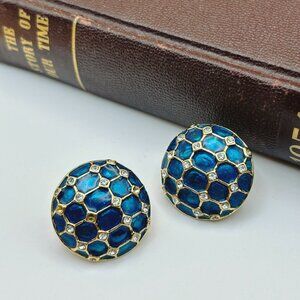 Vintage 1980s Butler Clip-On Earrings, Blue-Green Enamel & Rhinestones